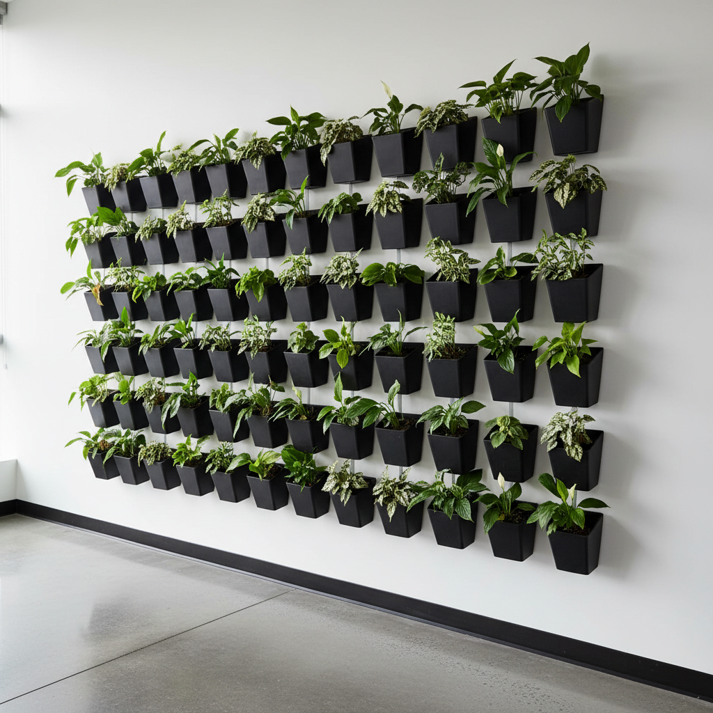 A detailed photograph of a structured vertical wall garden comprised of small, matte black geometric planters filled with various lush green foliage plants, mounted against a smooth, white conference room wall. The polished concrete floor below reflects some of the natural daylight streaming through large, unseen windows, creating delicate highlights on plant leaves and micro-shadows behind planters. The atmosphere is serene and purposeful, imparting a feeling of cultivated growth and collective intention. Captured with a slightly elevated, wide-angle lens to showcase the entire installation while maintaining clarity and depth, the image balances modern aesthetics with an emphasis on nature. The composition and neutral color scheme align with a professional, sustainability-driven nonprofit ethos.