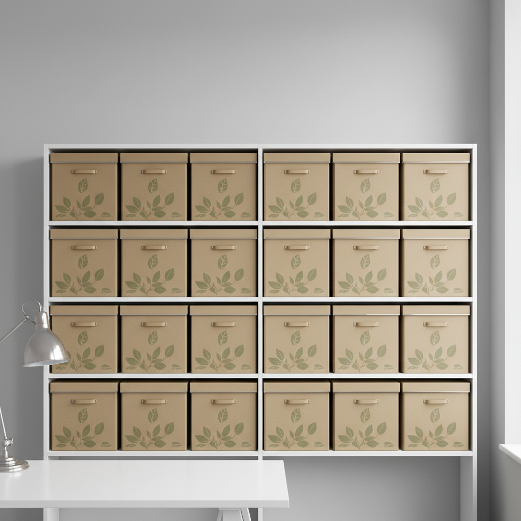 A high-resolution image of recycled cardboard storage boxes stacked neatly on modular white shelving against a smooth, pale grey wall. Each box features discreet, printed green leaf motifs, emphasizing a sustainability theme. The environment is a well-organized office space with uncluttered surfaces, accented by a small, sleek desk lamp in brushed metal. Overcast natural daylight bathes the scene through a nearby window, producing even lighting with mild shadowing, further softening the aesthetic. Photographed head-on with precise, symmetrical framing, creating an orderly, corporate feel. The color palette is neutral and sophisticated, with minimal distractions. This image embodies professional commitment to eco-friendly organization and responsible resource use, in line with the site’s climate action focus.
