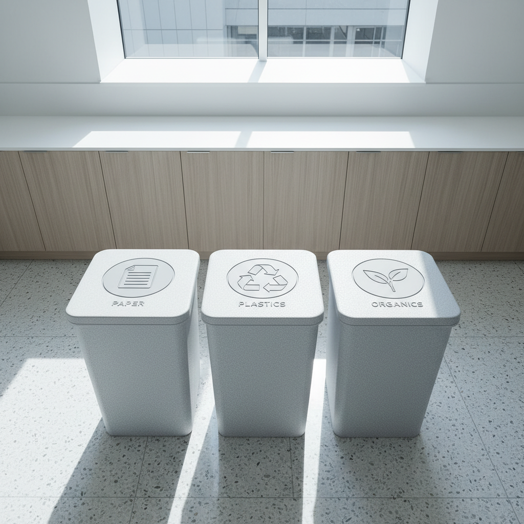 An overhead, photographic image of organized recycling and compost bins crafted from textured, light-grey recycled plastic, each labeled with clear embossed icons for paper, plastic, and organics. The bins are situated in a spotless, modern breakroom with subtle woodgrain cabinetry and a polished stone floor. Daylight from a skylight above provides crisp, natural illumination, producing light shadows that add dimensionality while emphasizing cleanliness. The bins are arranged with impeccable symmetry on a neutral-toned backdrop. The aesthetic is clean and corporate, with a structured composition that communicates the organization's structured approach to sustainability and climate action.