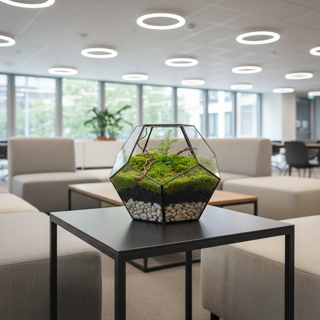 A precise composition featuring an elegant glass terrarium filled with contrasting layers of natural stones, activated charcoal, and vibrant green moss resting on a structured metal side table with a matte finish. The setting is a modern, open-concept communal meeting space, characterized by clean lines, neutral-toned textiles, and sleek furniture. Gentle overhead LED lighting casts soft, even illumination, highlighting the textures within the terrarium and creating faint shadows on the table's surface. Photographed from a high, three-quarters angle, the mood is quietly inspiring and contemplative, with a carefully balanced layout. The overall style is photographic realism with minimalist undertones, ideal for showcasing sustainable office decor and reinforcing environmental mindfulness.